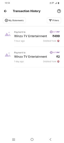 The transaction history shows two payments made to Winzo TV Entertainment, one for ₹499 an hour ago and another for ₹2 a day ago, both debited via Autopay. (Captioned by AI)